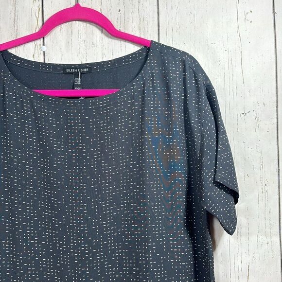 Eileen Fisher Gray Tencell Blend Morse Code Shift Short Sleeve Lightweight Dress - Picture 4 of 13